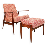Fauteuil scandinave et repose-pieds couleur homard rouge design by H. Lis