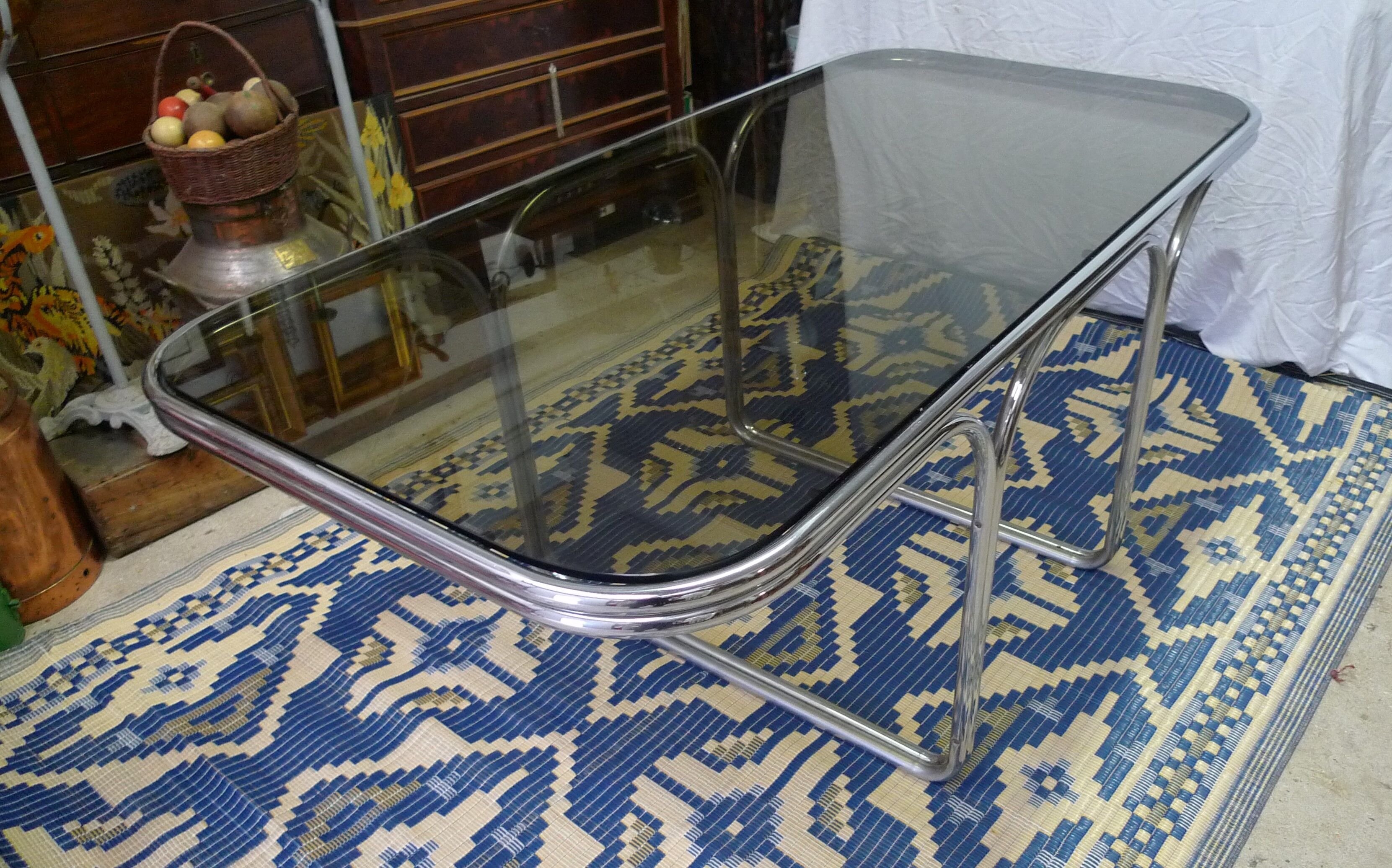 Smoked glass table, metal structure