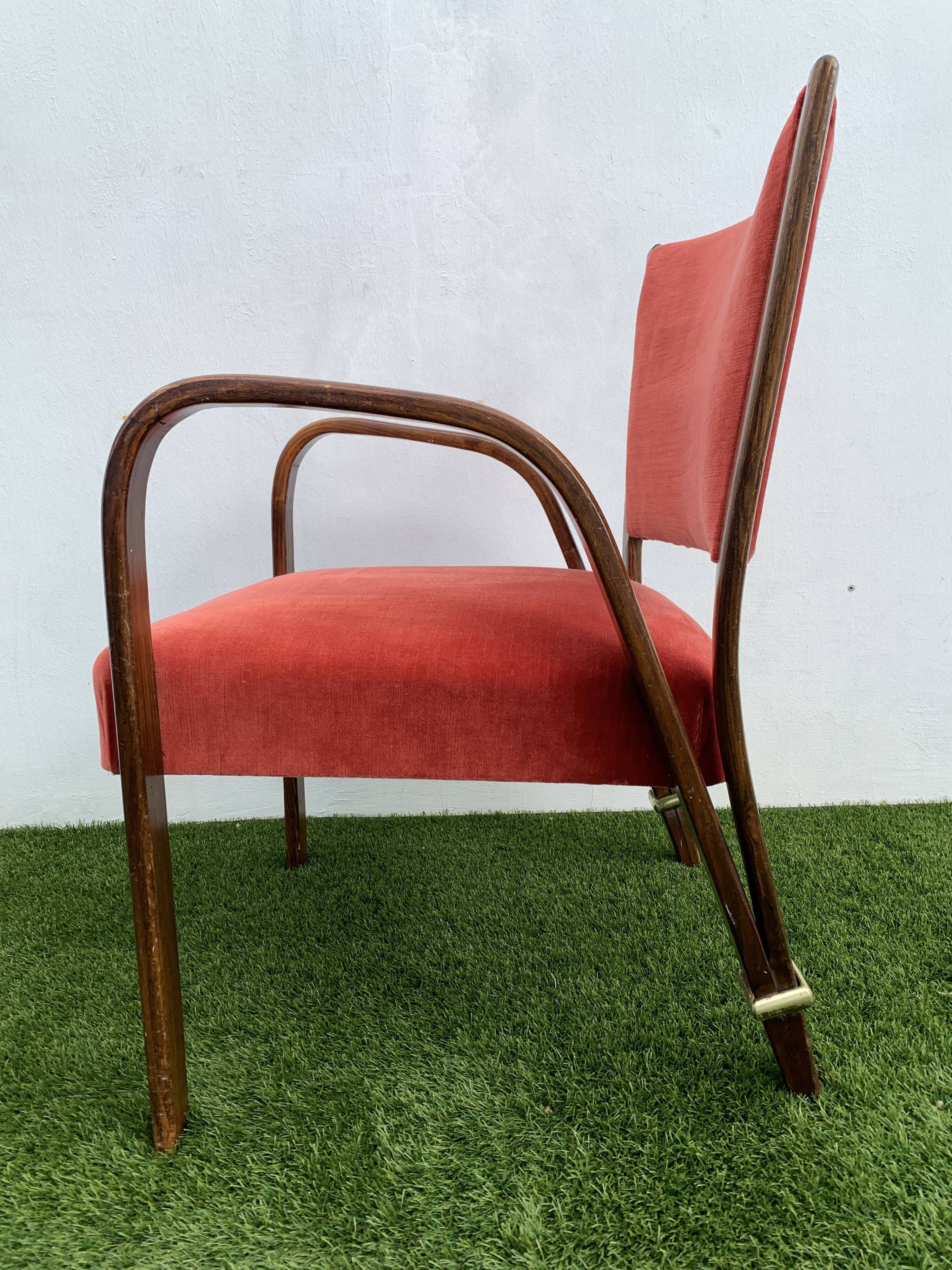 Hugues Steiner armchair, bow-wood model, curved wood and velvet, 1950