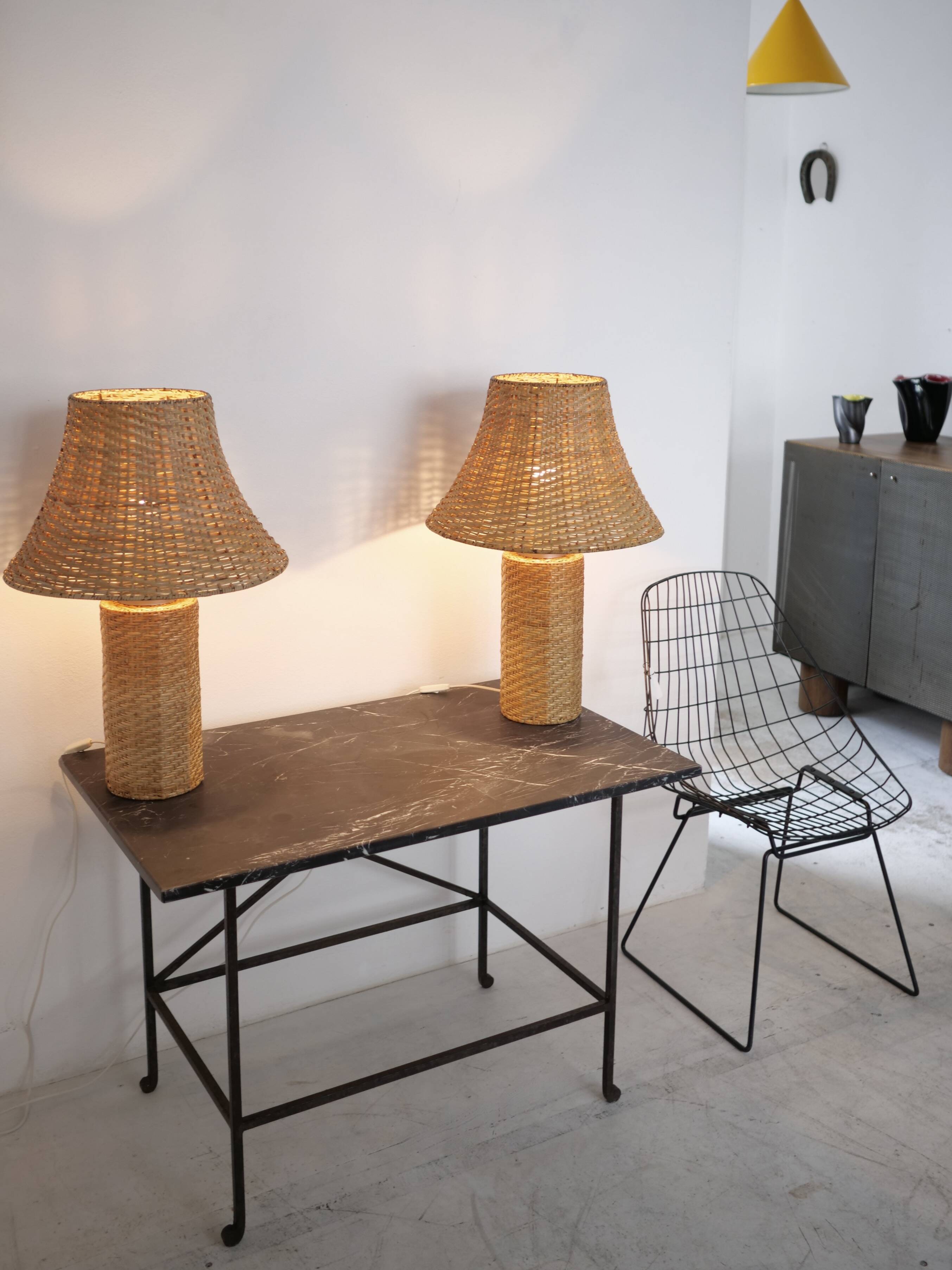 Pair of large Scandinavian rattan lamps from the 80s