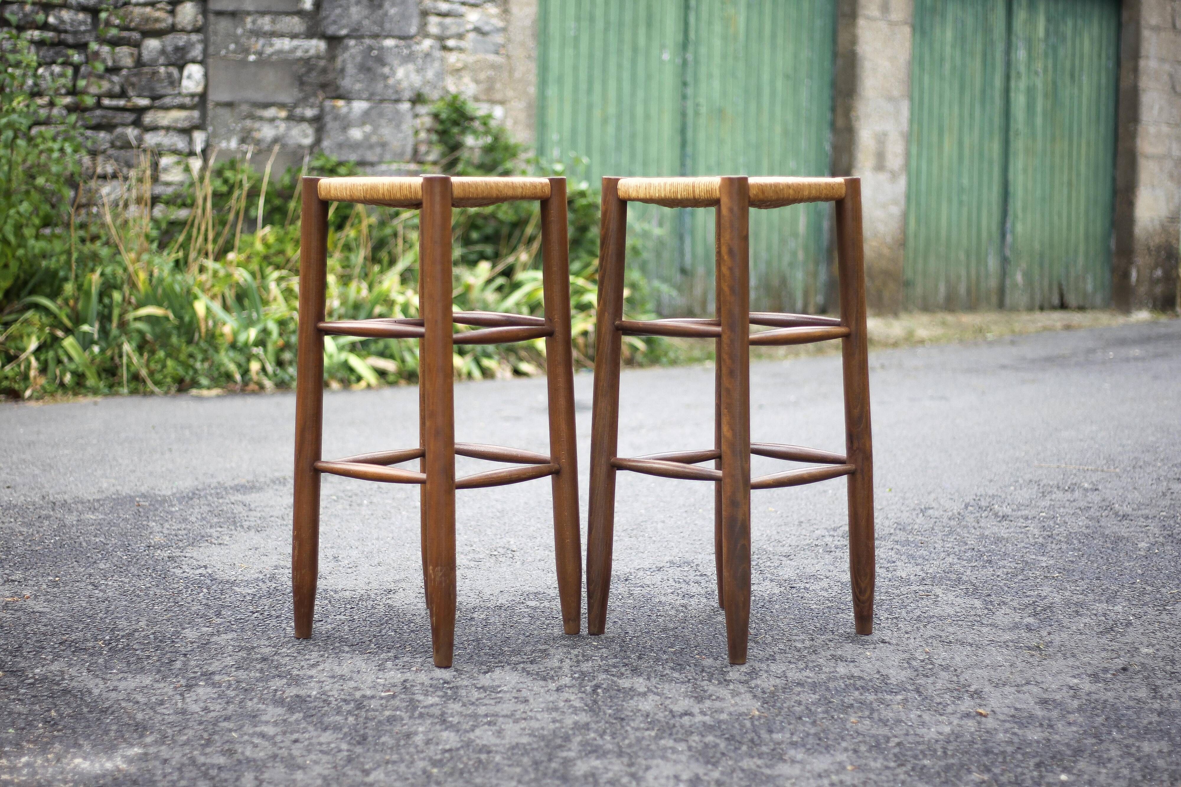 Pair of bar stools, wooden and straw stool, vintage bar stool, vintage stool, decoration