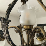 Ancien lustre cage en bronze et 4 feux tulipe