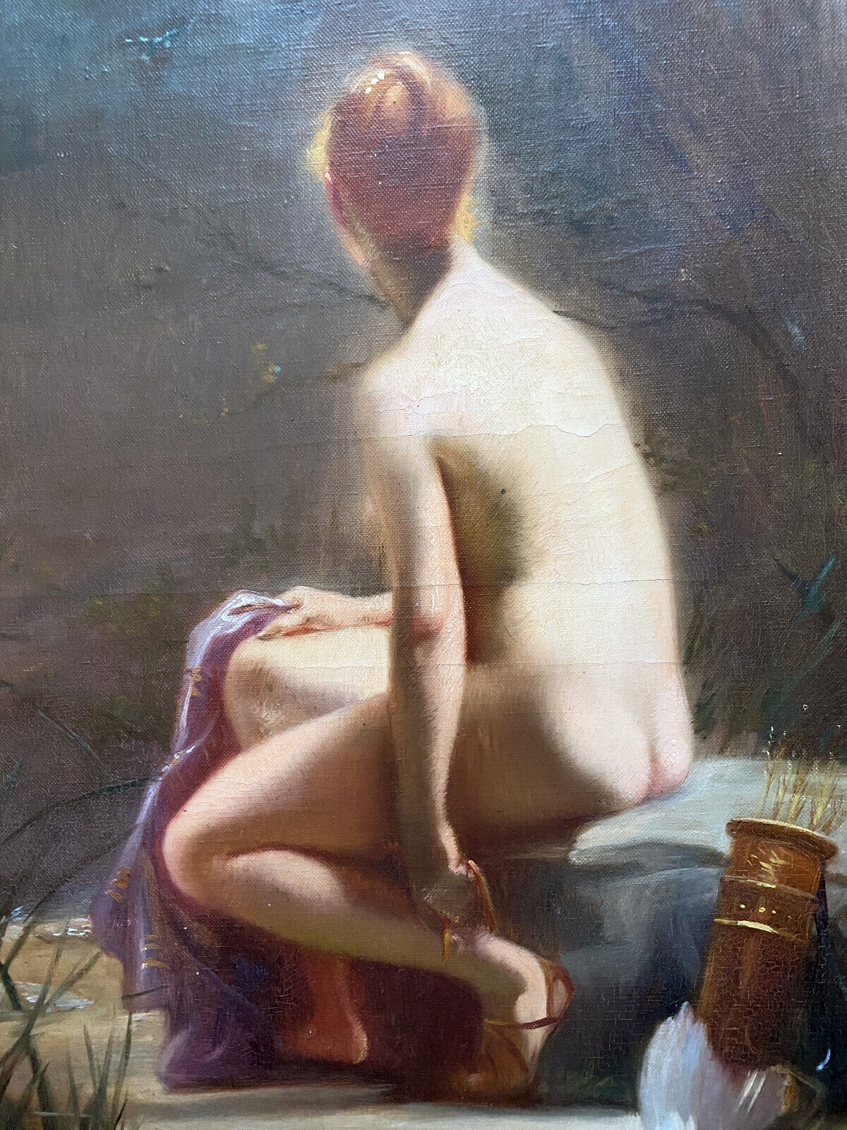 HST painting "Diana at the bath" Nude back signed early twentieth century