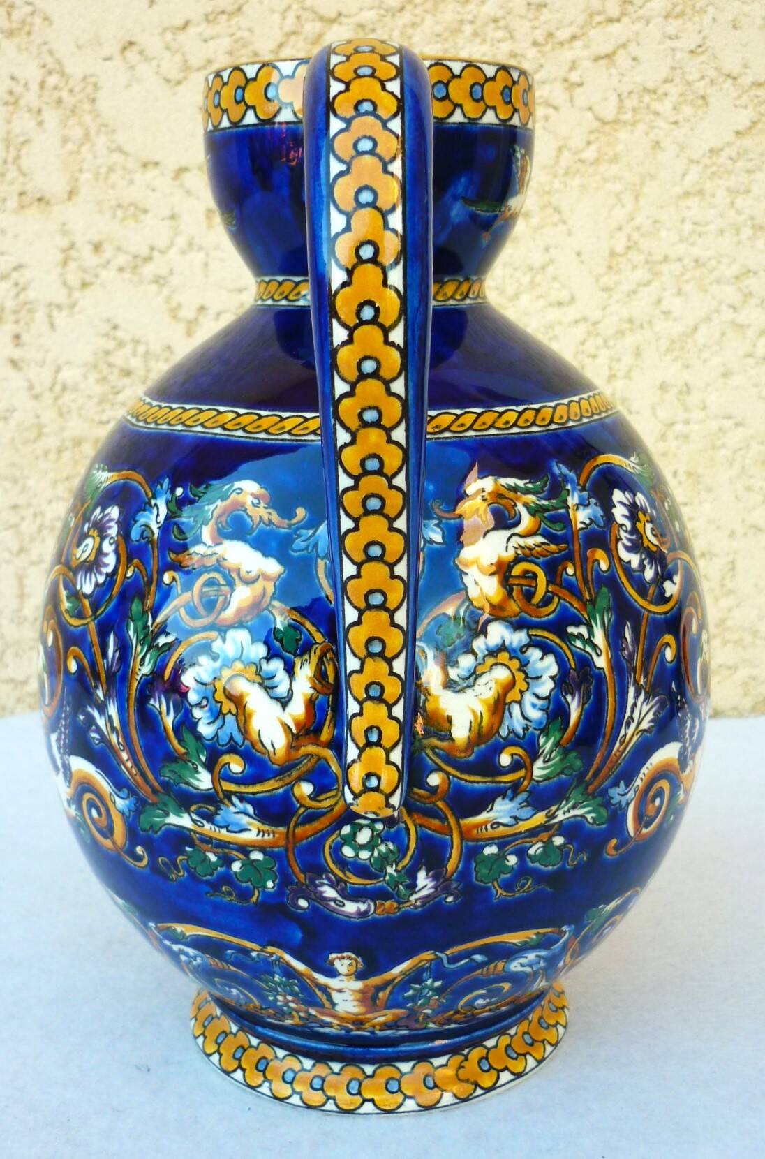 Large pitcher vase, Gien earthenware, Renaissance model, 1940s/50s.