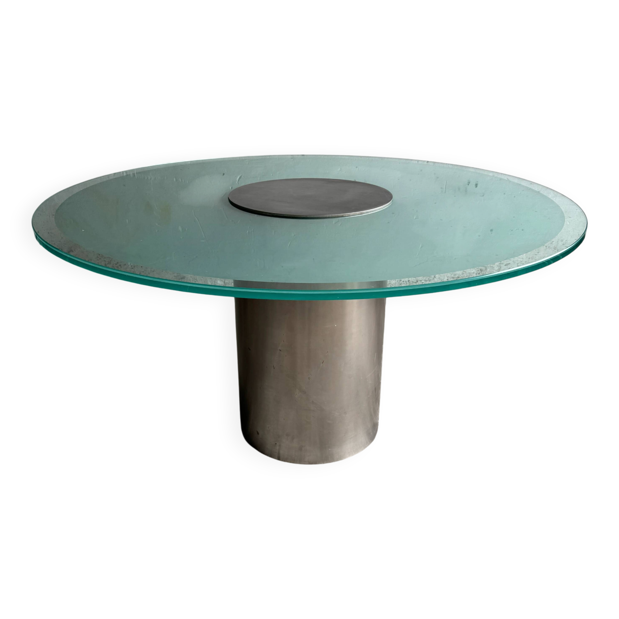 Translucent Frosted Glass Round Dining Table with Brushed Stainless Steel Pedestal — Industrial 1990s