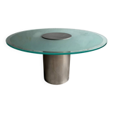 Translucent Frosted Glass Round Dining Table with Brushed Stainless Steel Pedestal — Industrial 1990s