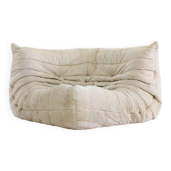 Fauteuil d'angle vintage Togo Ligne Roset en velours beige par Michel Ducaroy
