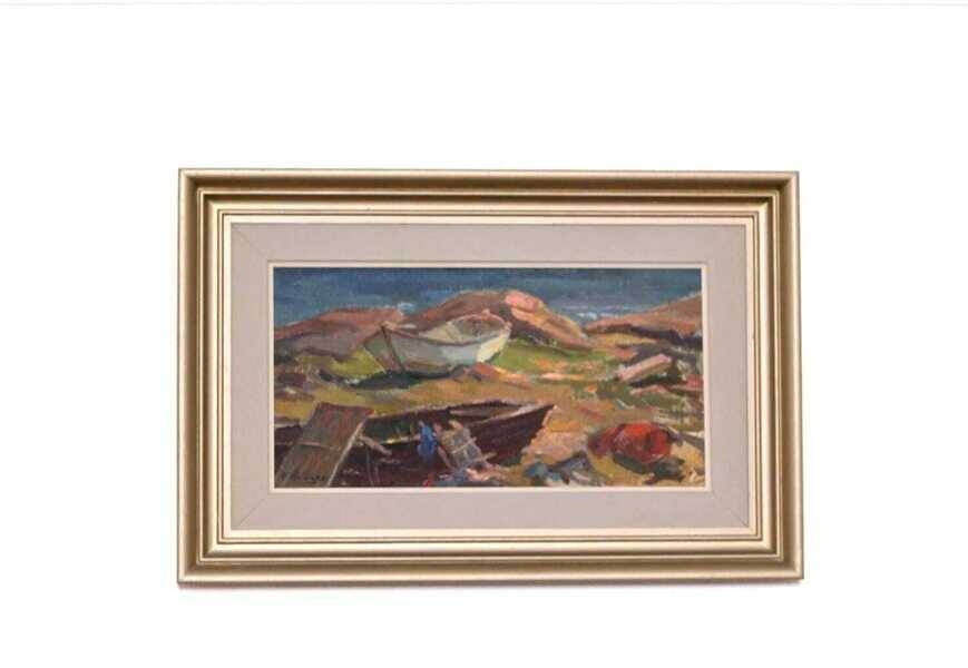 Original mid-century Swedish oil on panel – “Coast” by E. Kruger – vintage & framed – 49 × 33 cm