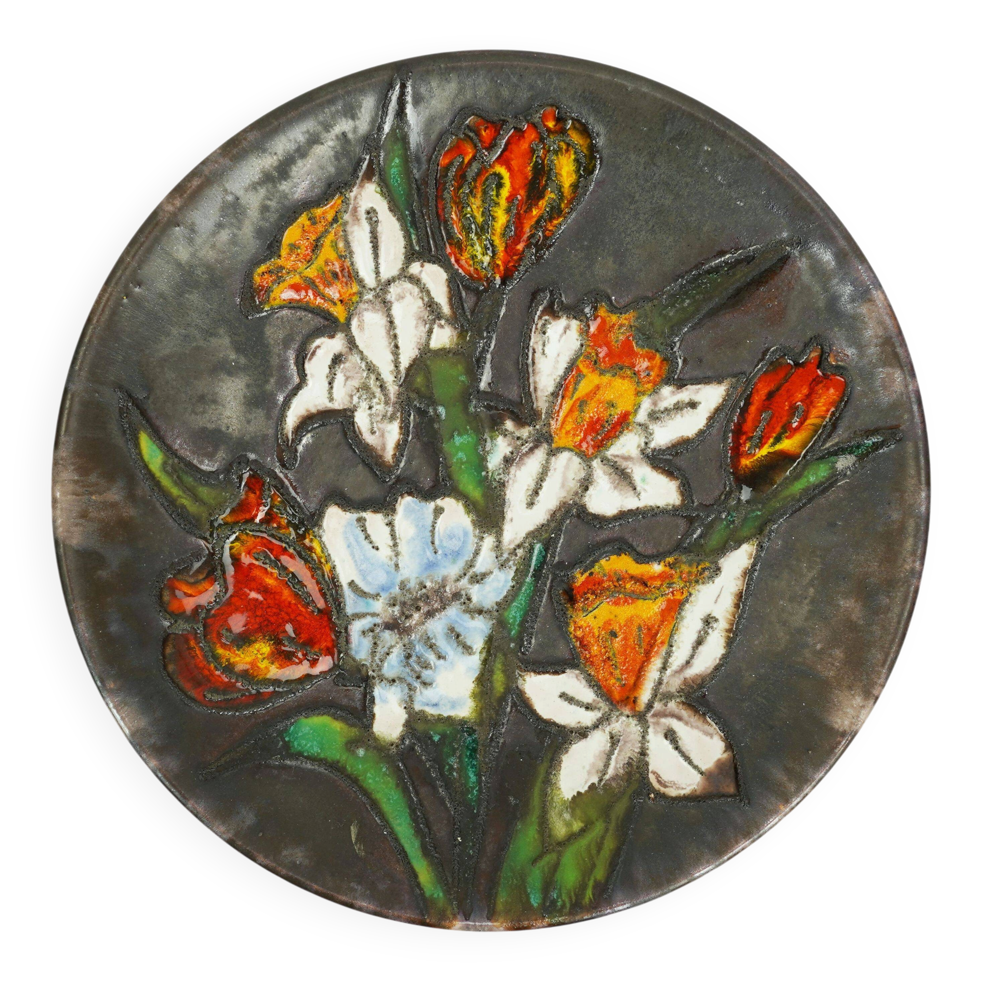 vintage ruscha 1960's 70's WALL PLATE fat lava bowl orange and white flower