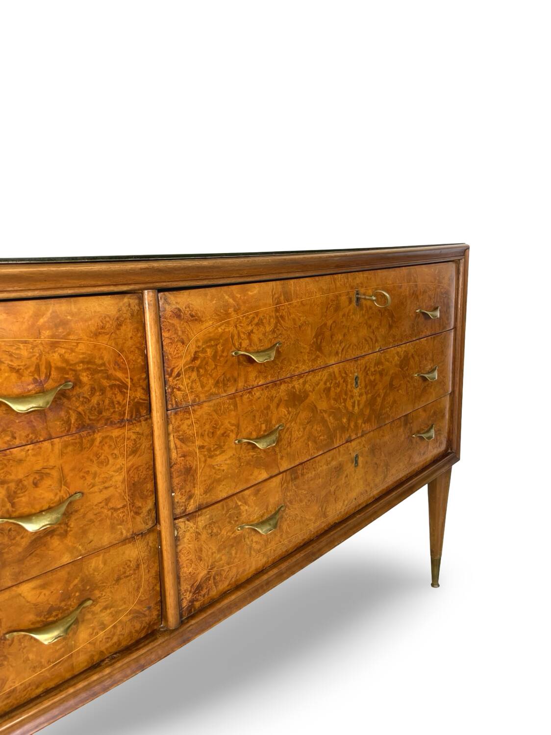Veneered burl walnut chest of drawers with light warm brown glass top