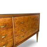 Veneered burl walnut chest of drawers with light warm brown glass top