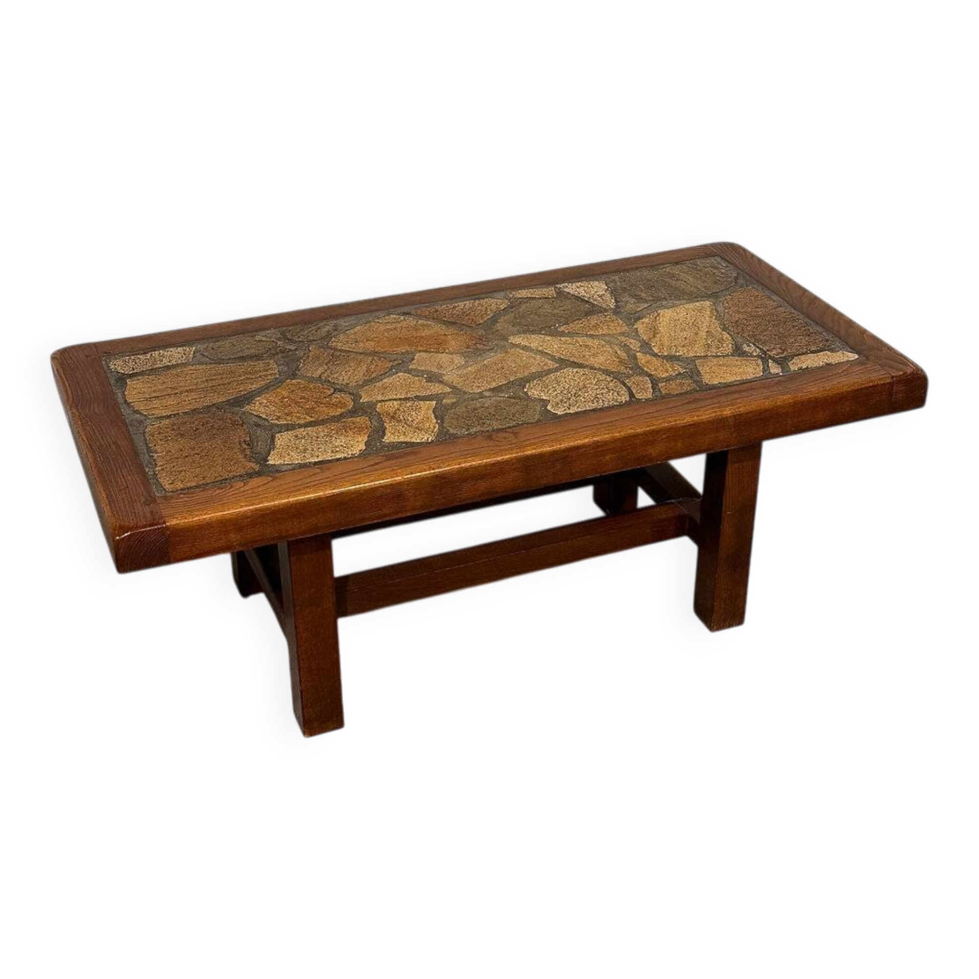 Table basse en mosaïque de pierre brutaliste vintage – bois massif, années 1970