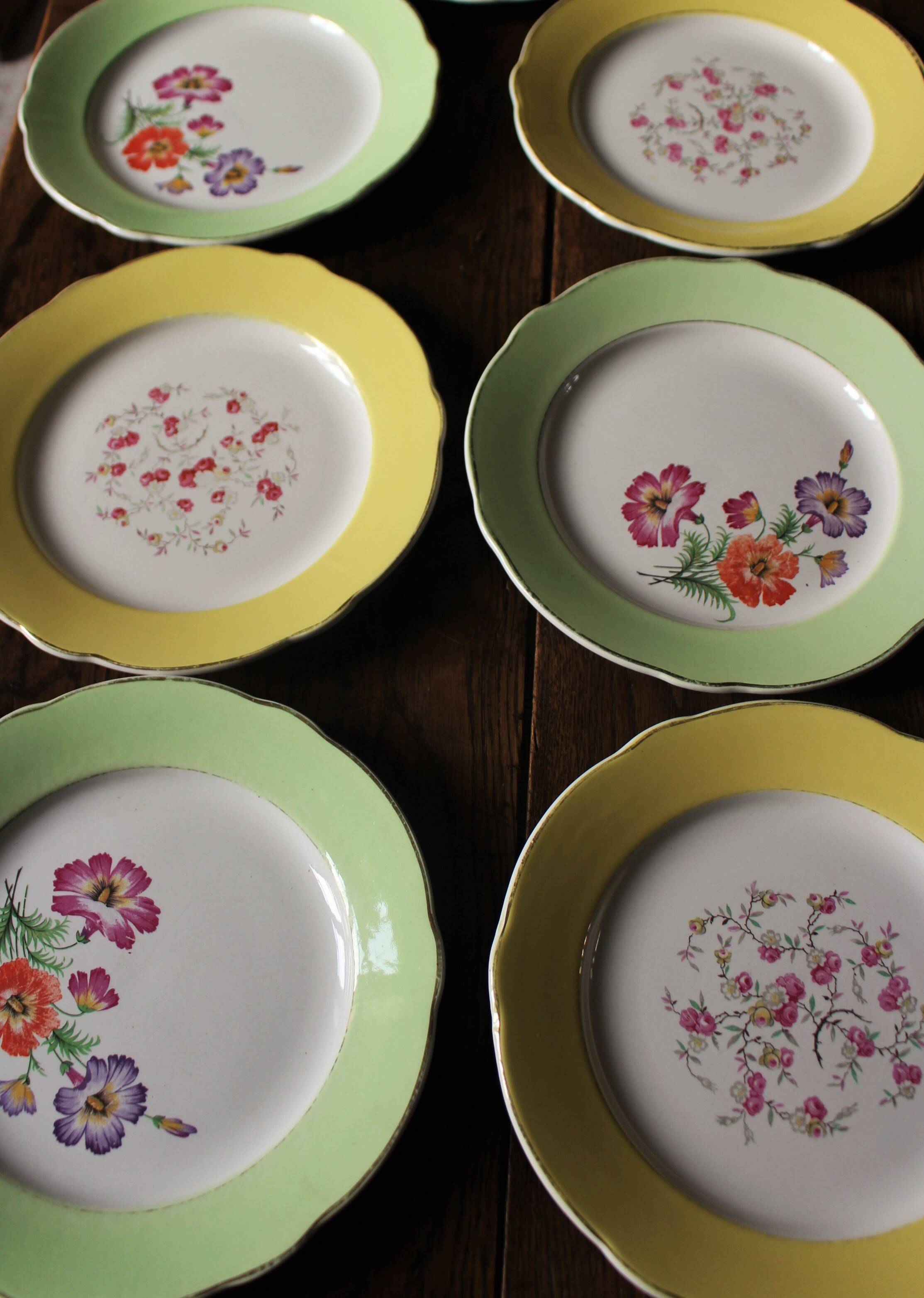 Lot 6 flat plates Flowers Yellow Green Lunéville mismatched