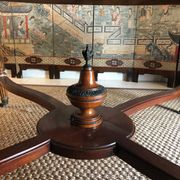 Important central pedestal table in mahogany, brass and bronze that can form a large dining table.