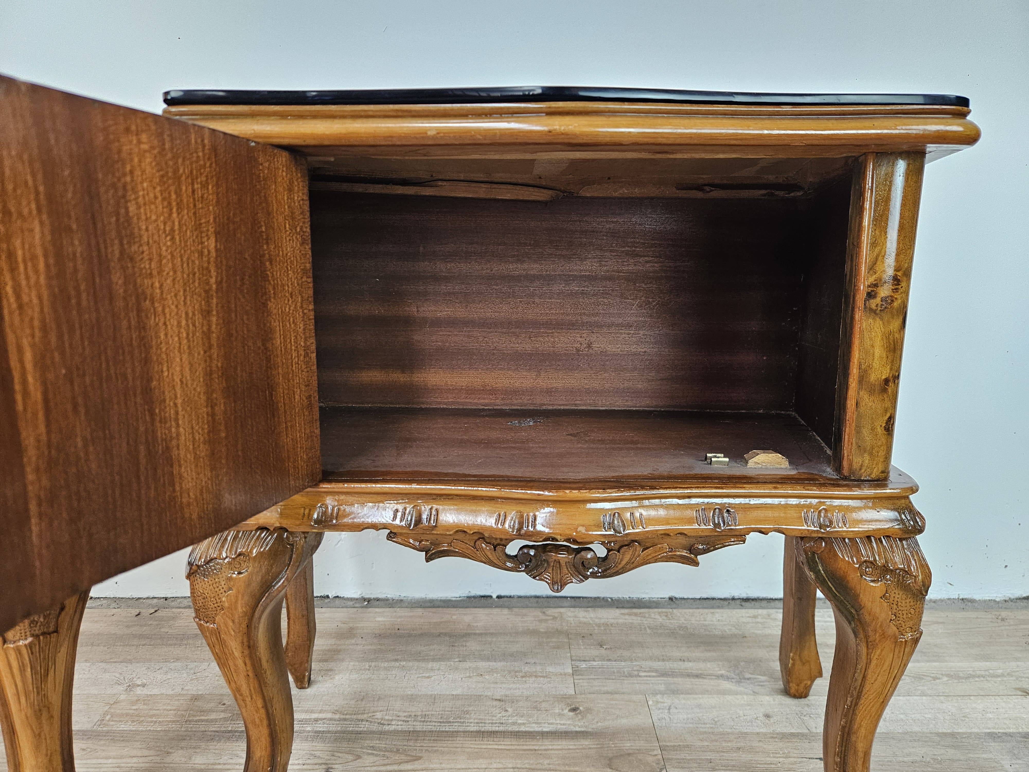 1950s Chippendale bedside tables with black glass
