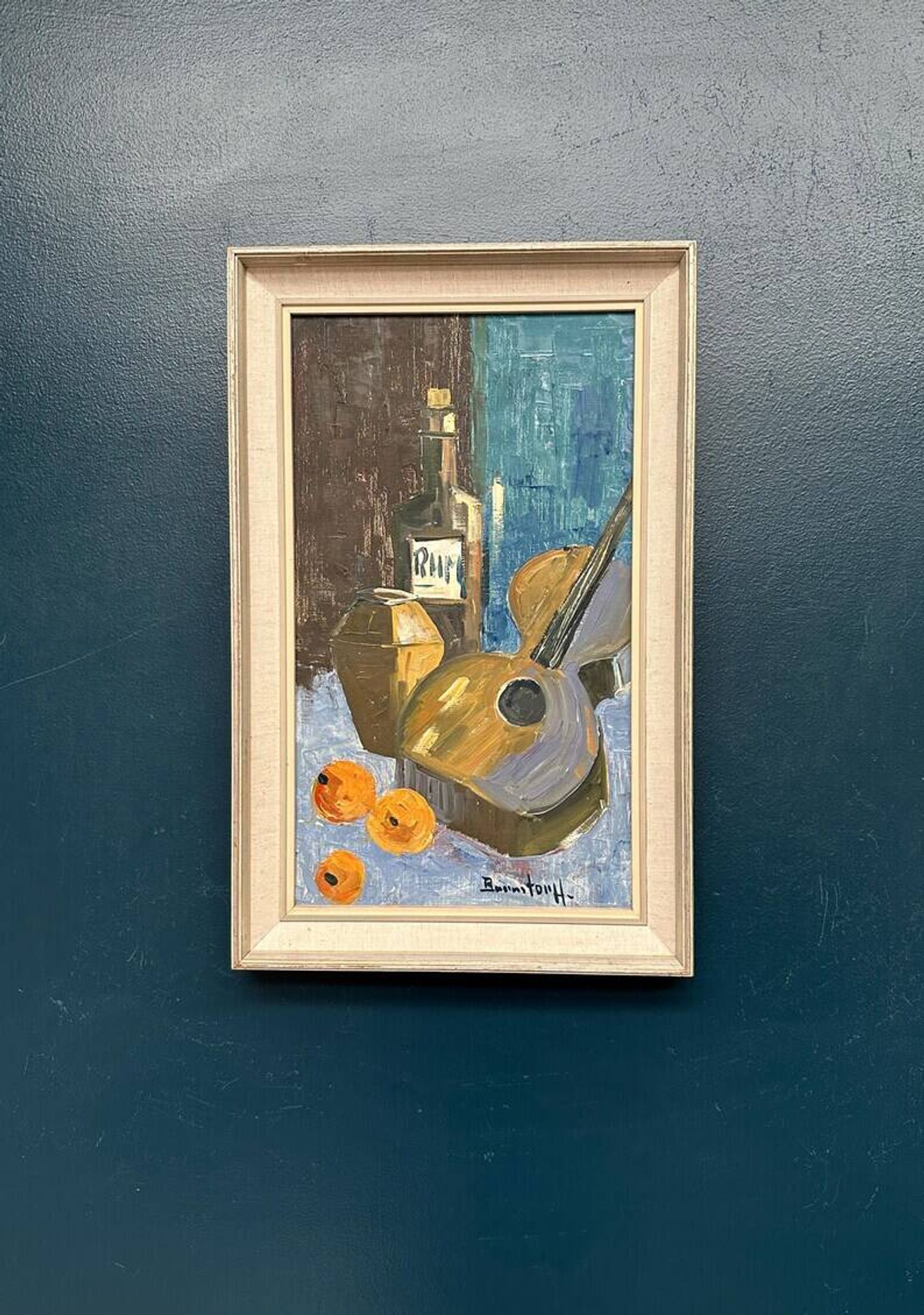 Original Swedish Oil on Canvas – "Guitar and Rum" – Signed – Vintage and Framed – 53 × 34 cm (20.9" × 13.4")