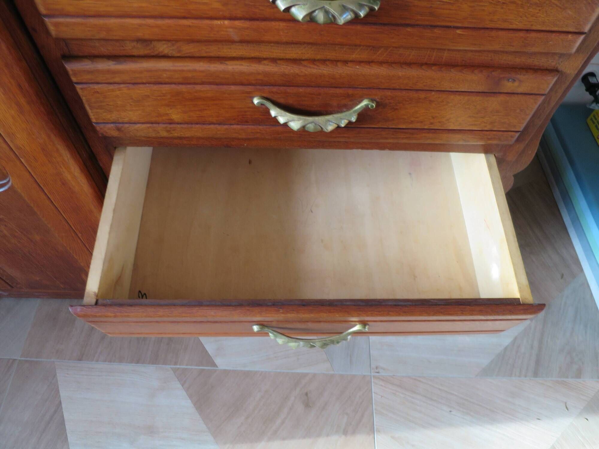 English asymmetrical chest of drawers - Art Deco - Mirror - 2 doors - 5 drawers - Mesh blond oak