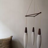 Suspension 3 lights opaline & teak, Louis Kalff 1960