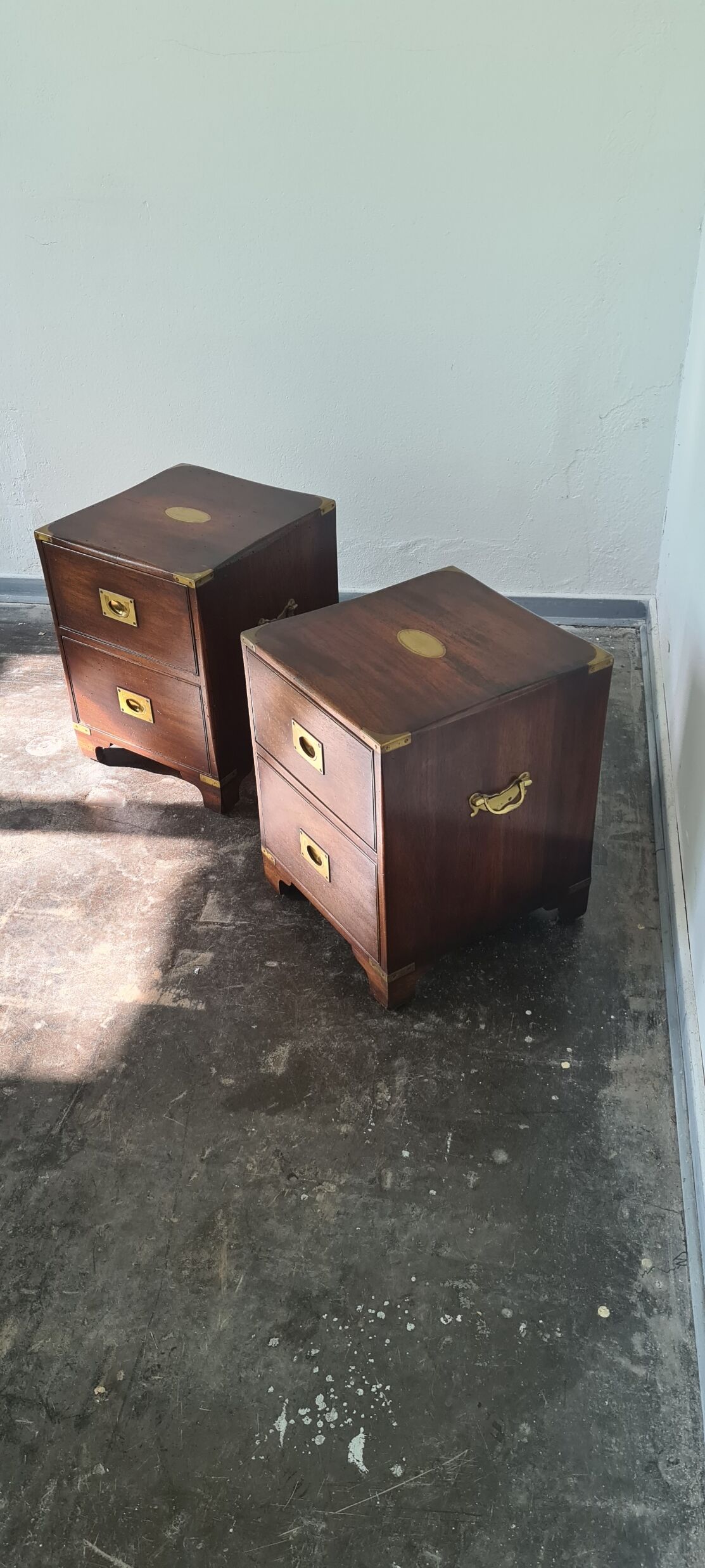 Pair of vintage military campaign wooden nightstands by reprodux england