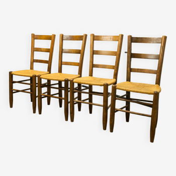 Set of 4 wooden and straw chairs 1950 solid oak and mulched seat