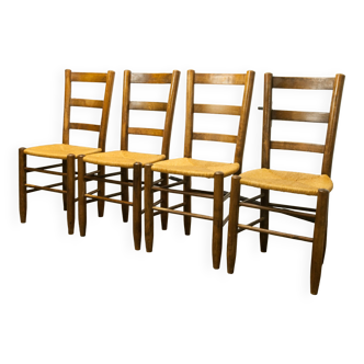 Lot de 4 chaises bois et paille 1950 chêne massif et assise paillée