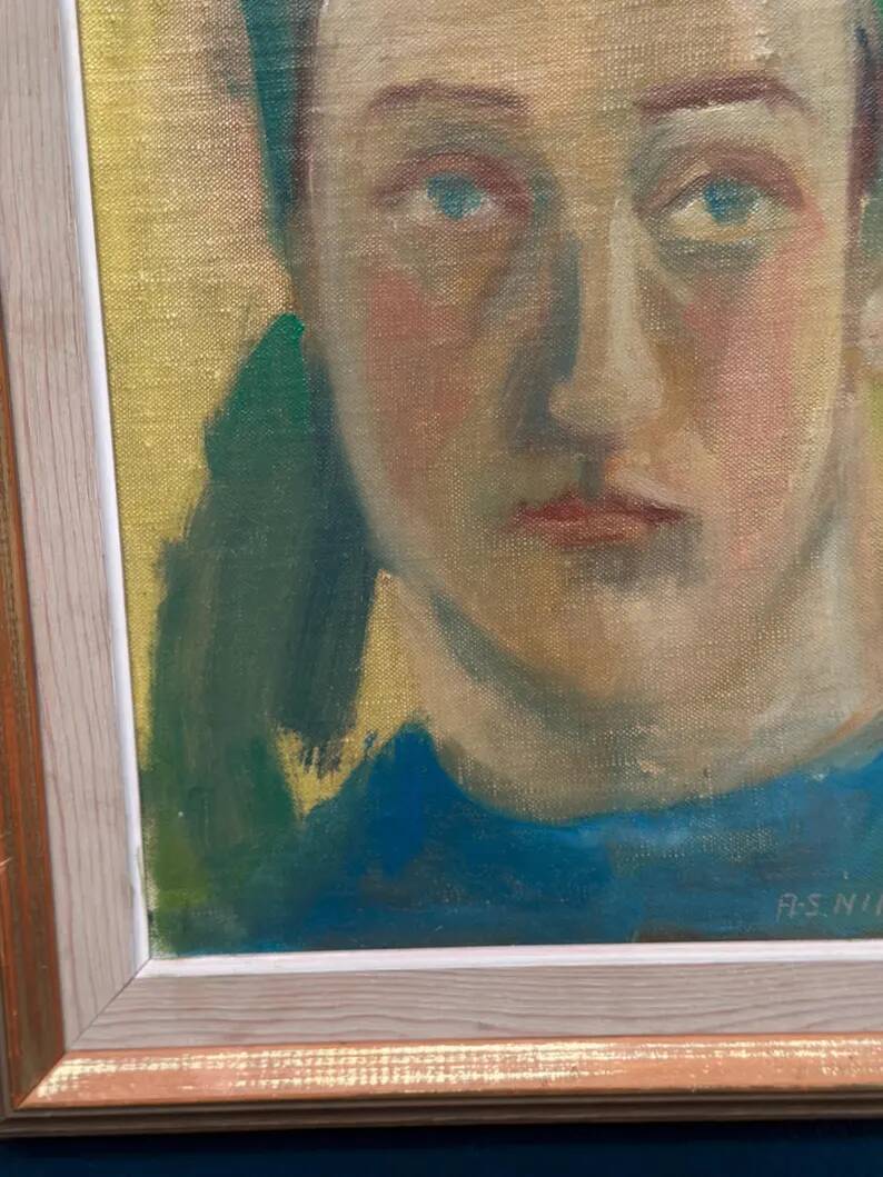Huile sur panneau d'origine suédoise – "Portrait" par A.-S. Nilsson – Signé – Vintage et encadré – 44 × 32 cm (17,3" × 12,6")