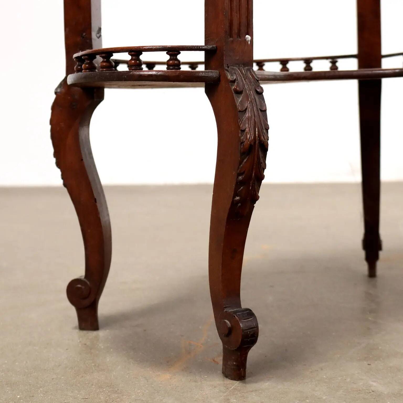 Antique walnut coffee table with decorations, Italy, 19th century.