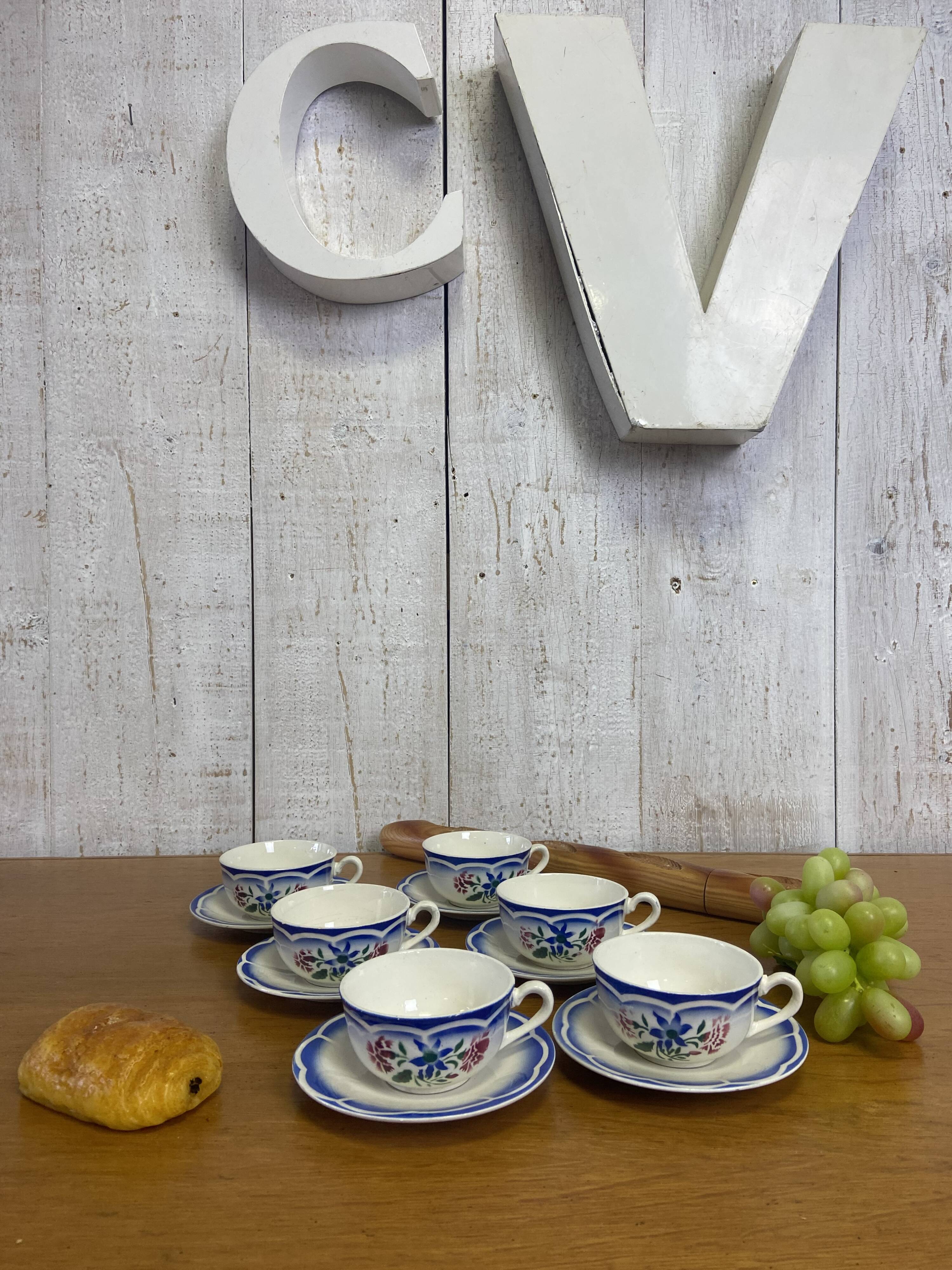 Set of 6 cups and saucers Sarreguemines "Elorn"