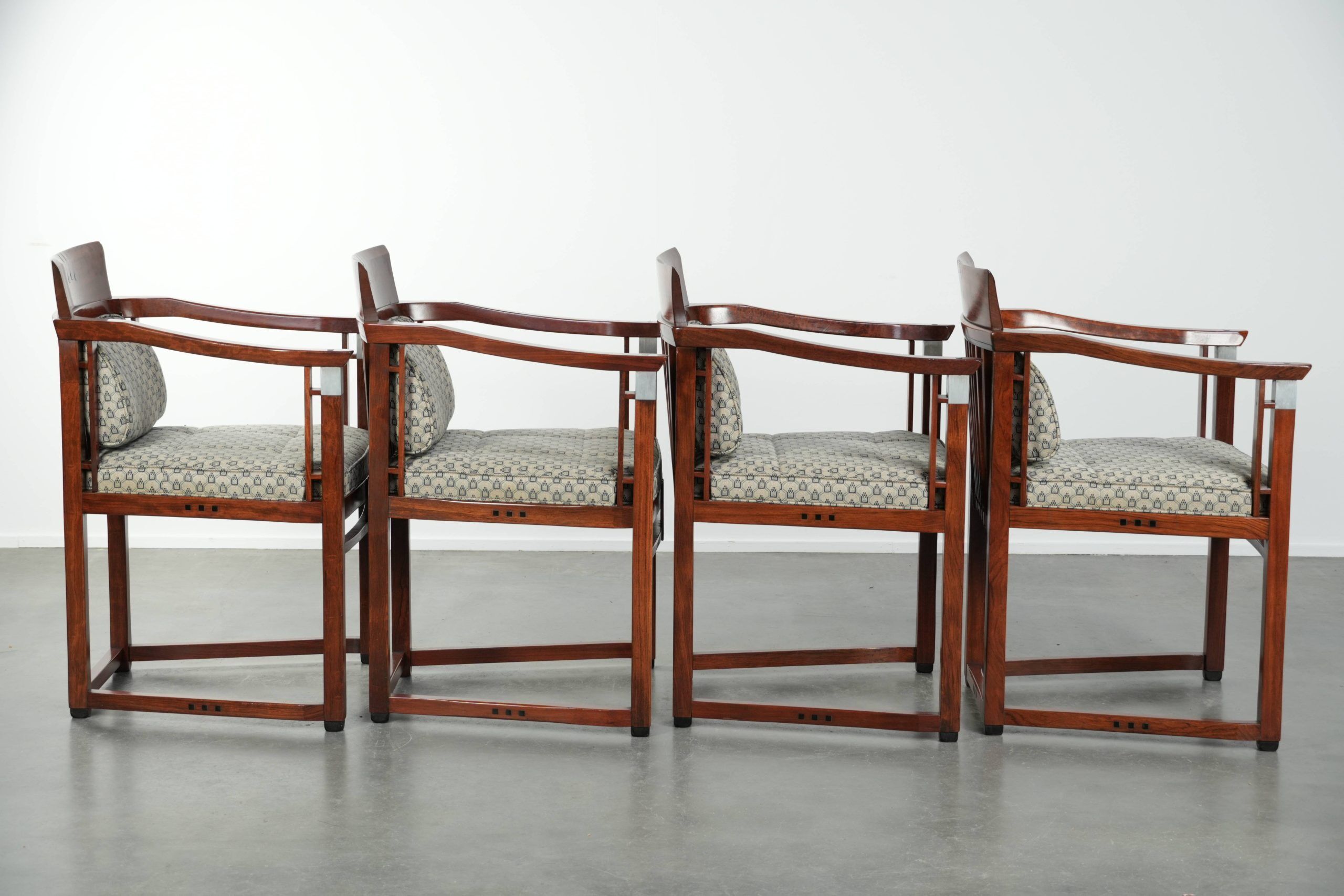 In very good condition Art Deco design dining chairs with fabric upholstery