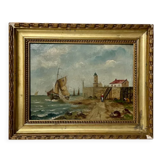Peinture à l’huile sur panneau, voiliers et vue côtière animée 1860