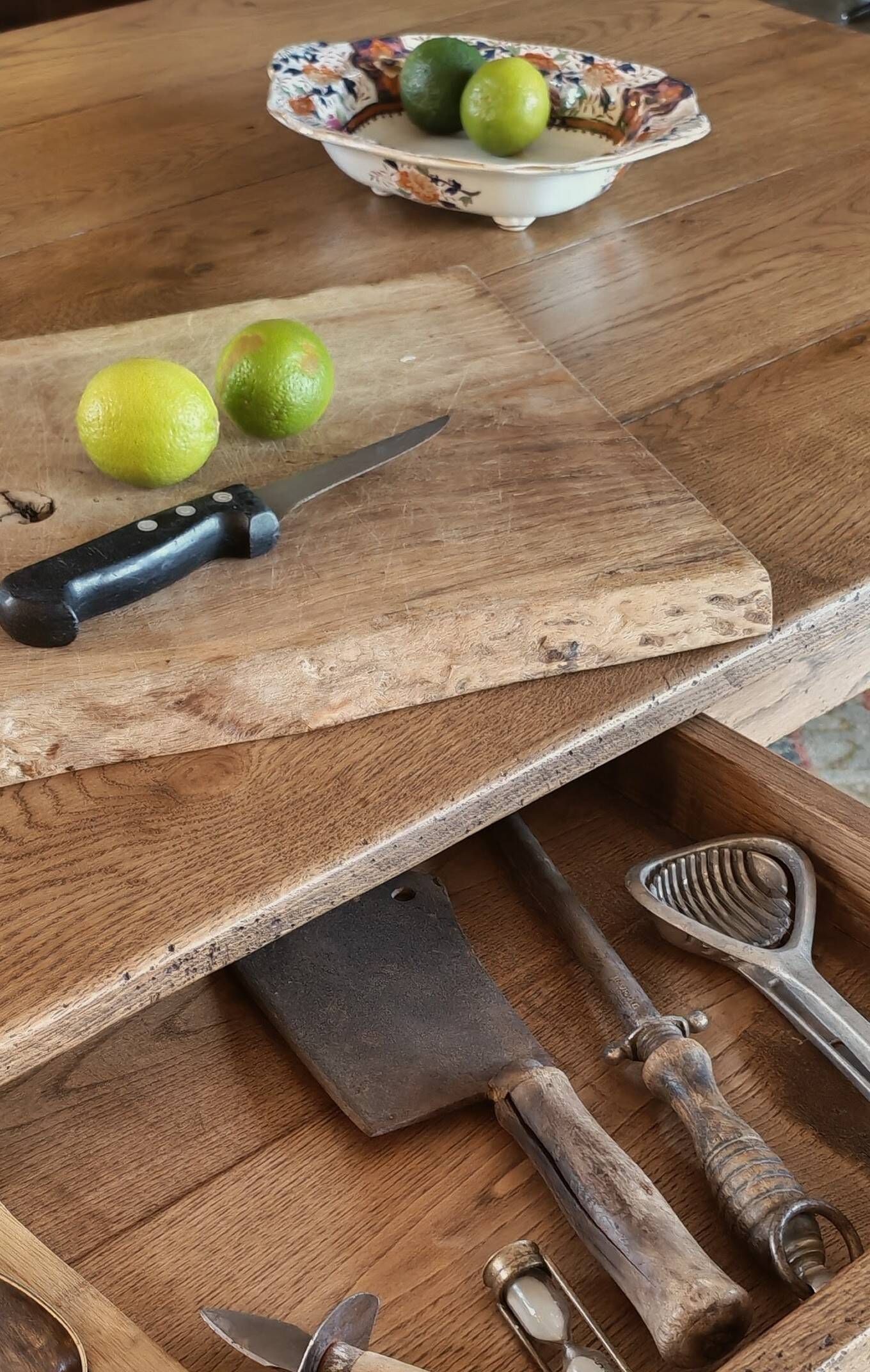 Solid oak farmhouse table "raw" 247x89, "chocolate oak" top