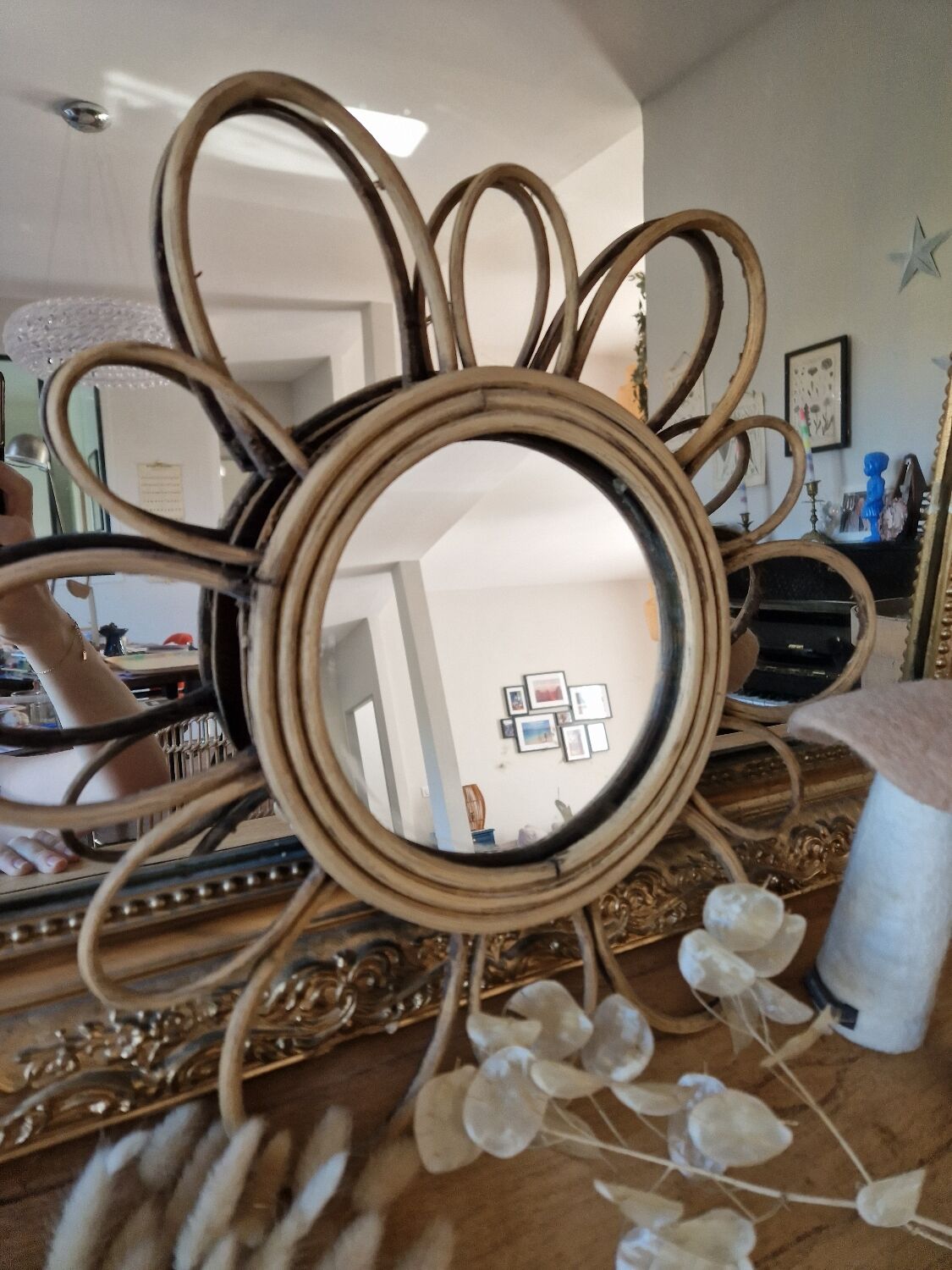 Old vintage rattan flower mirror