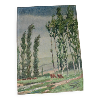 Oil on panel impressionist style landscape with cows