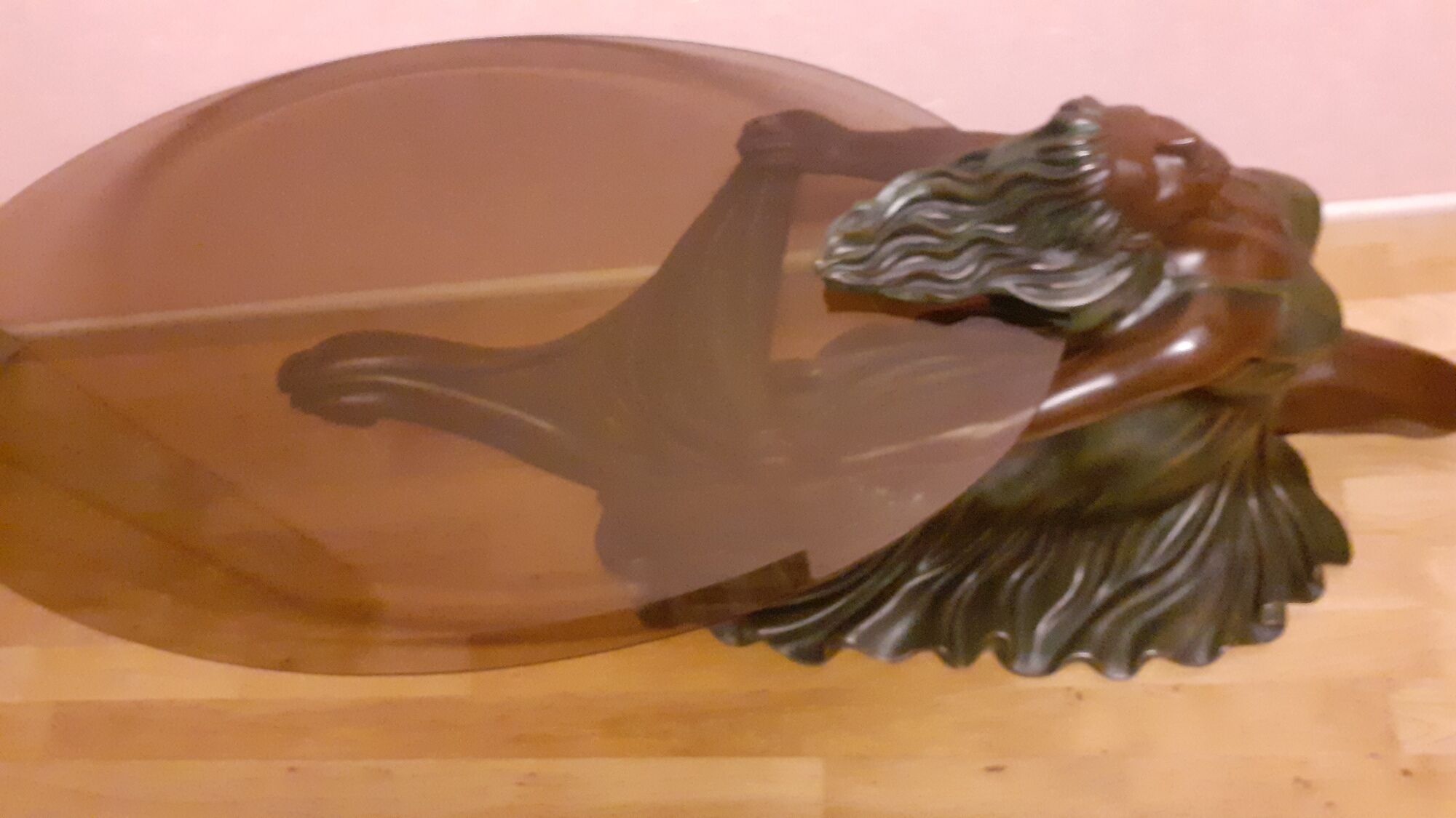 Coffee table, young woman in resin, smoked and beveled glass