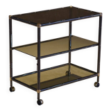 Chariot de bar en laiton vintage et verre fumé à trois niveaux en faux bambou, Italie années 1970