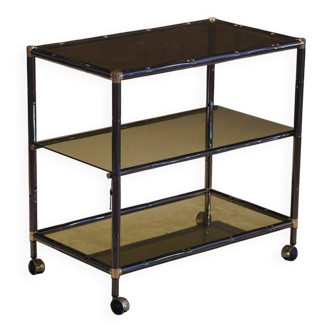Vintage brass and smoked glass three tier faux bamboo bar cart, Italy 1970s