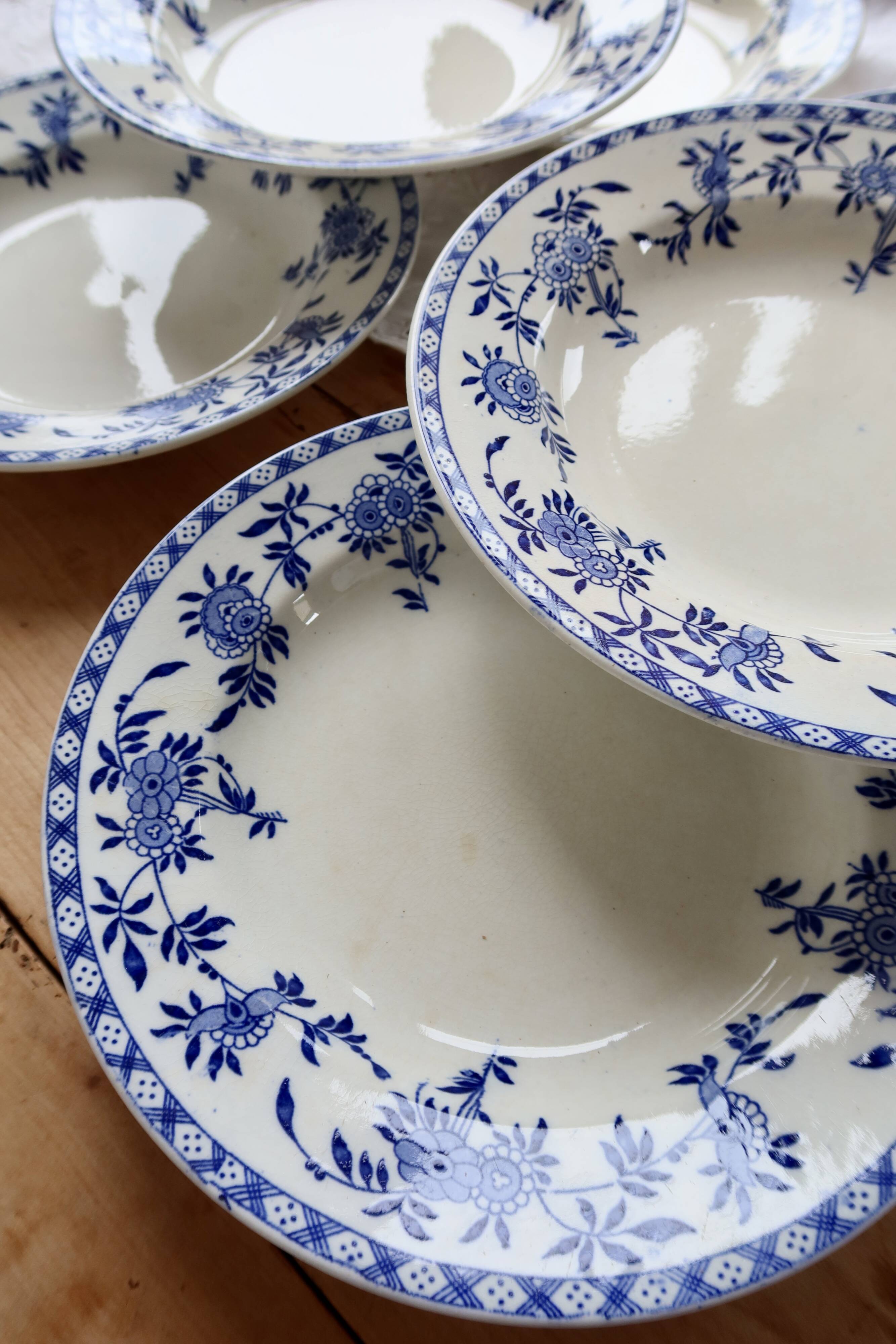 6 antique deep plates, blue and white Dresden porcelain