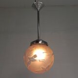 Art Deco pendant light with engraved glass globe and birds, 1930s
