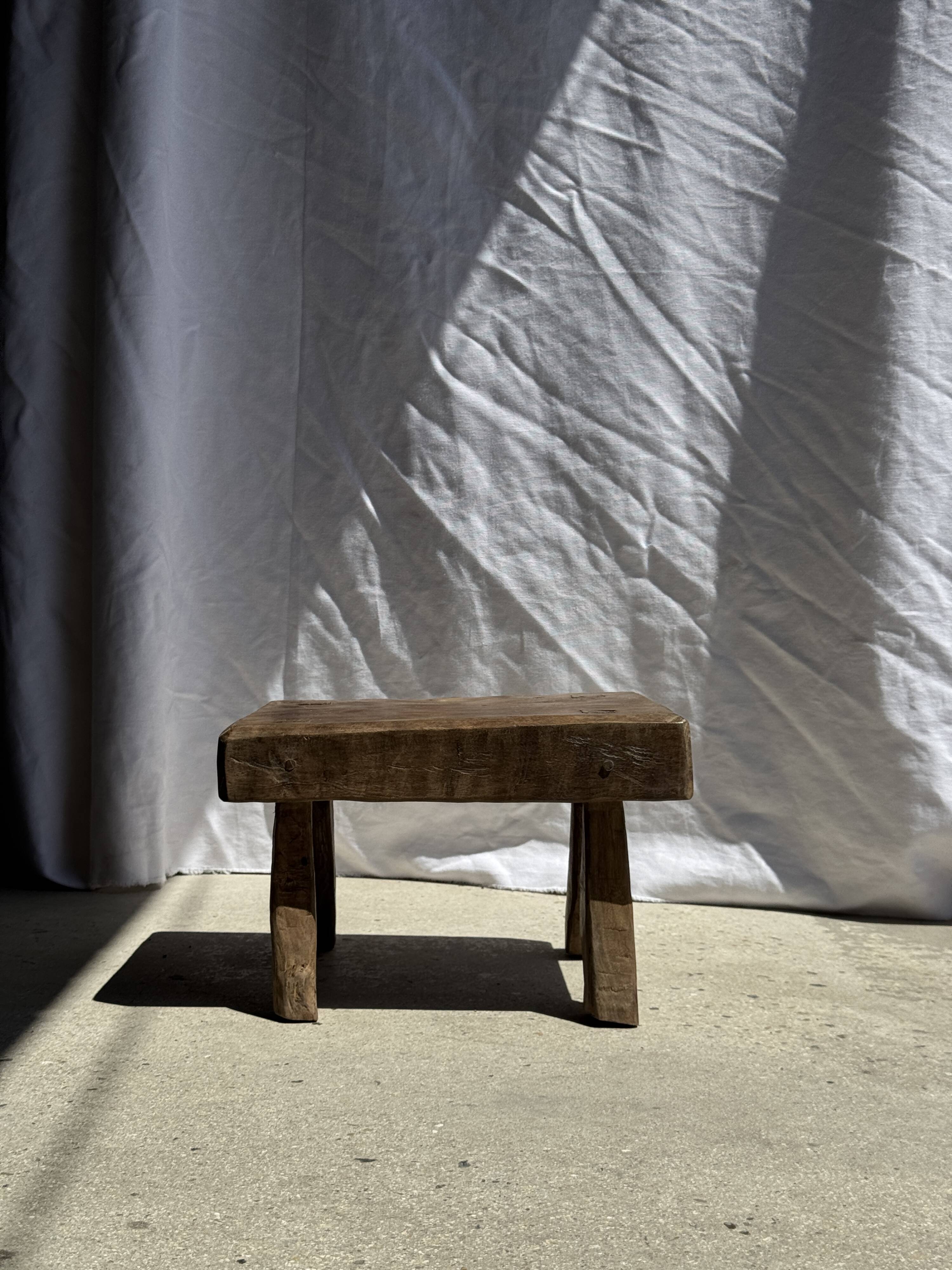Small stool, rectangular accent stool in solid teak wabi-sabi H26