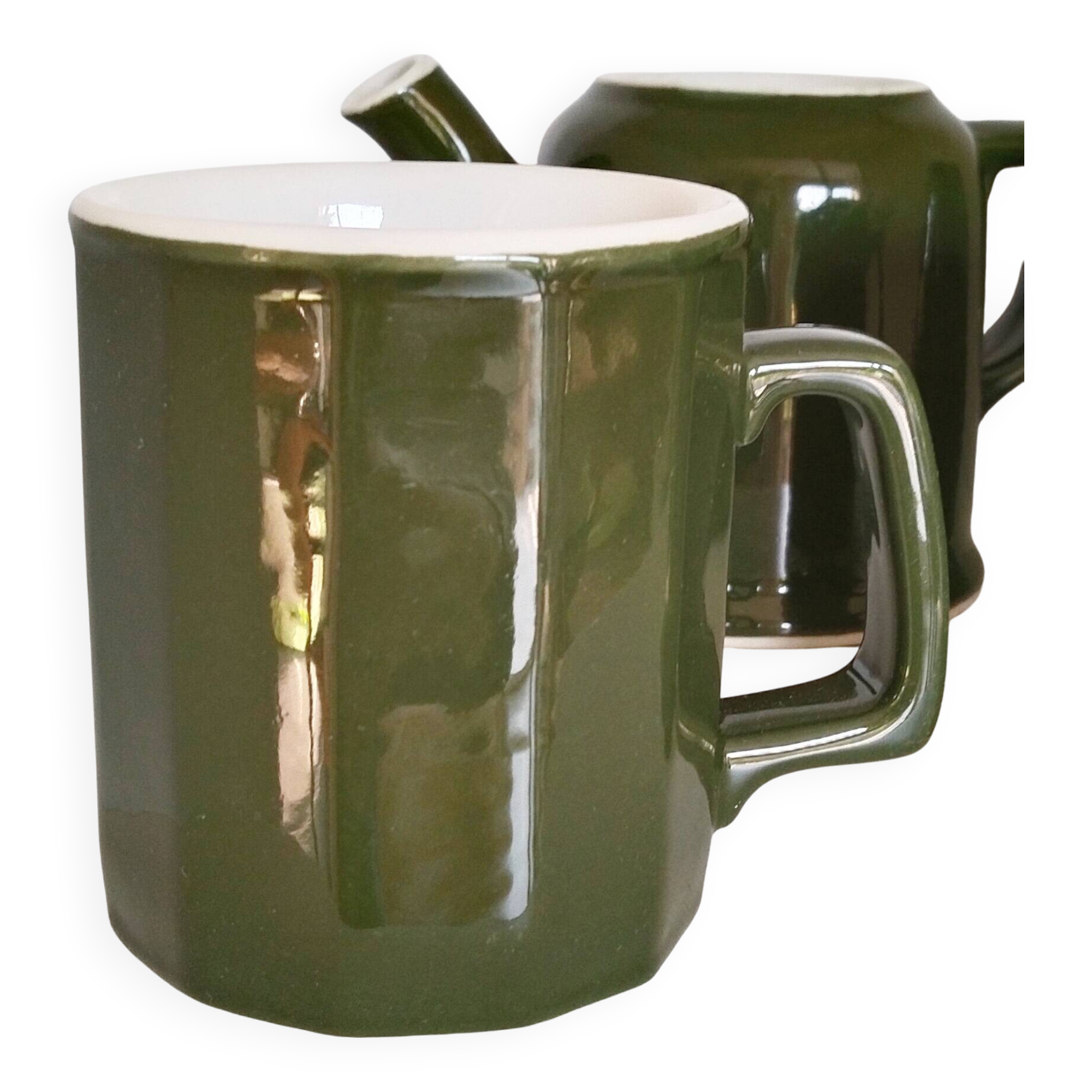 Bistro service, mugs, milk jug, green porcelain bistro coffee maker