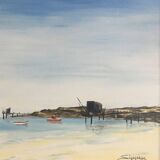 Fishing in the bay of Bourneuf en-Retz, Pornic - painting on canvas signed Sigogneau