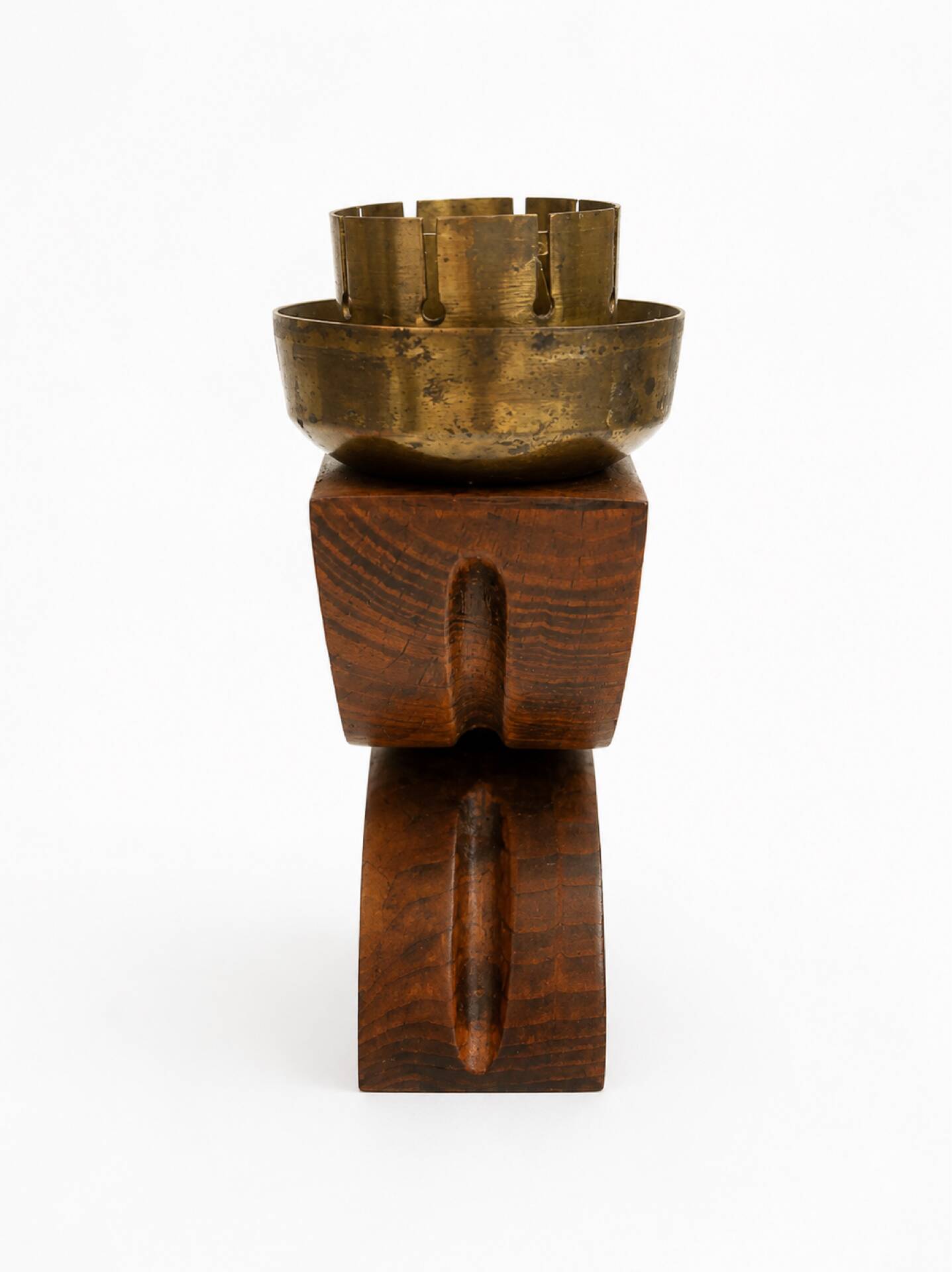 Vintage Art Deco Wooden Candle Holder Mid-Century Sculptural Brass Can