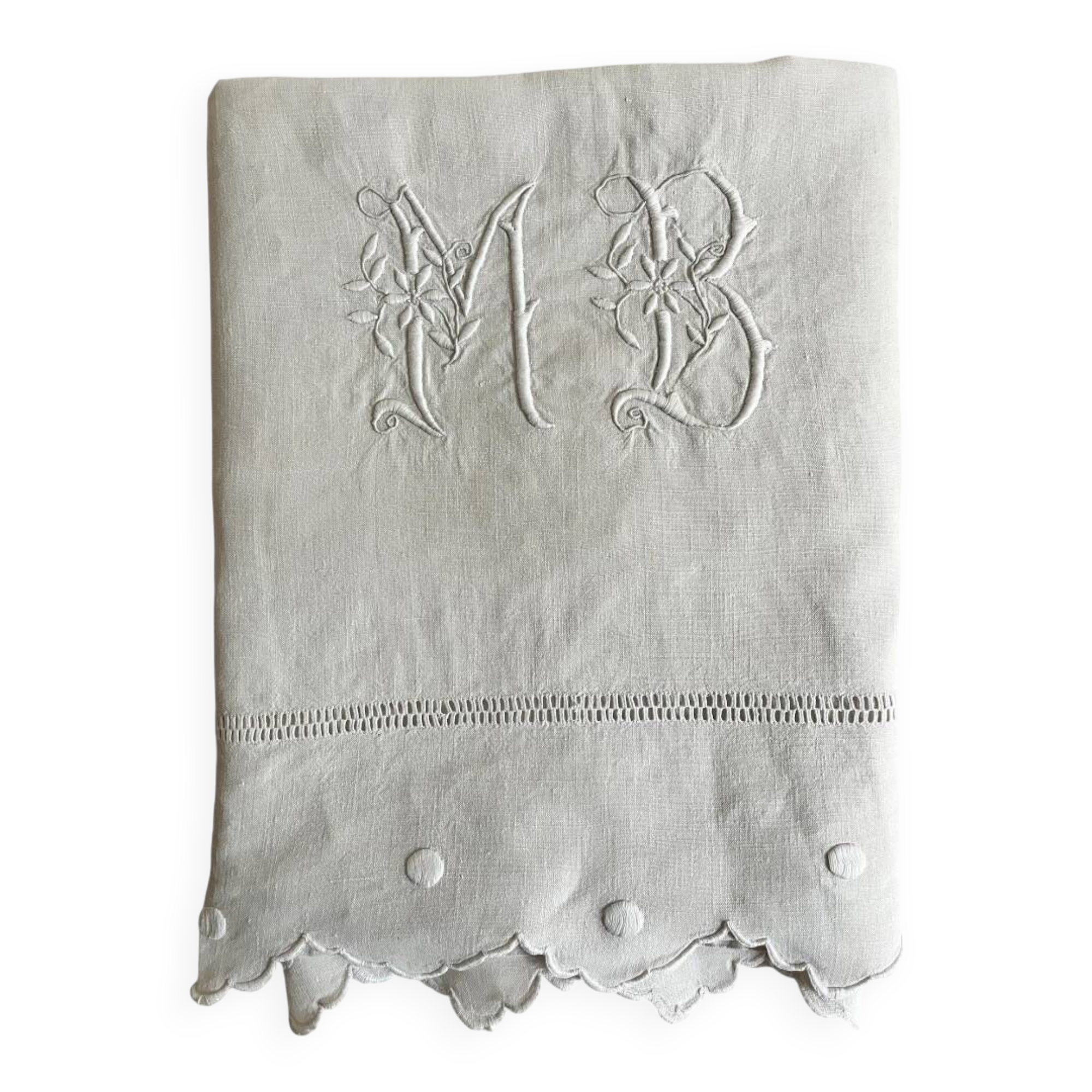 Antique linen, embroidered sheet with monogram (model 2)