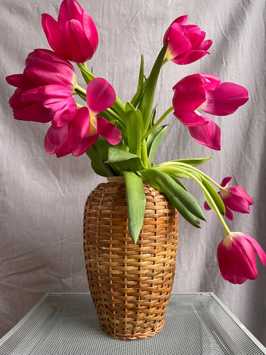 Vintage stoneware and rattan vase