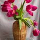 Vintage stoneware and rattan vase