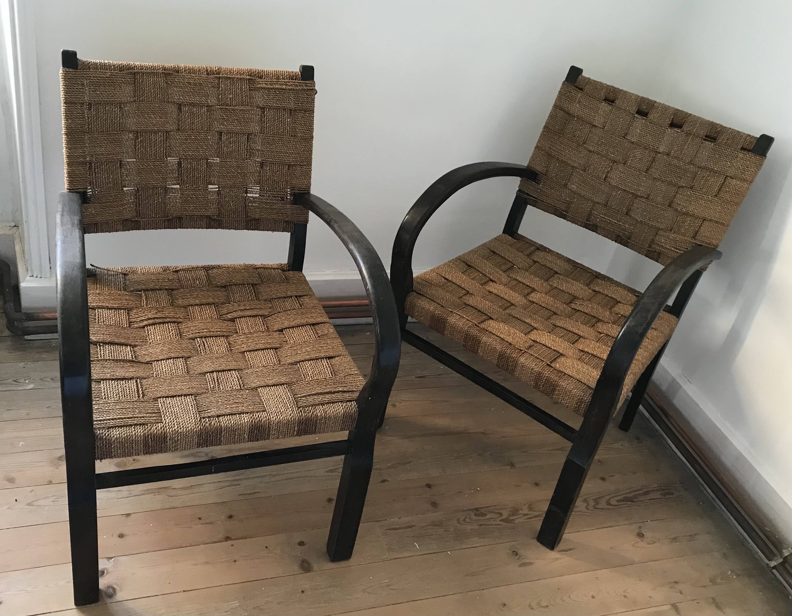 Pair of vintage rope armchairs, wooden frame, Sweden, 1960, Axel Larsson