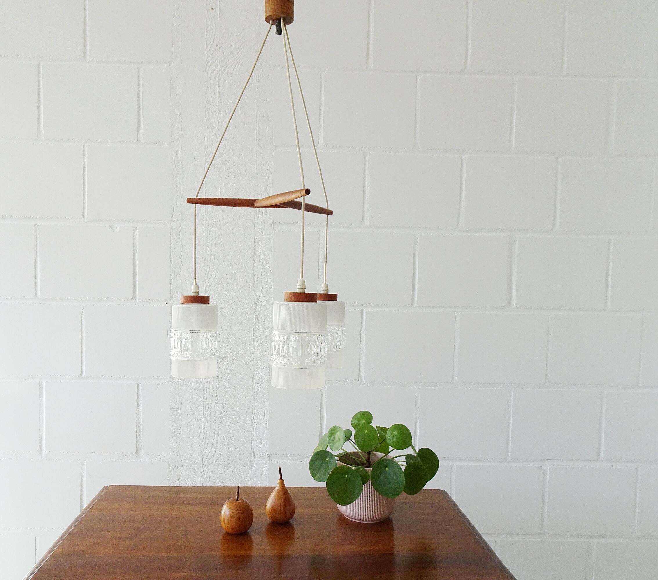 Teak hanging lamp with three lamps, Mid Century chandelier made of glass and teak