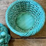 Vintage green earthenware plate/basket with fruit decorations.