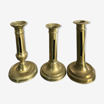 Set of 3 old brass copper zipper candlesticks