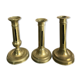 Set of 3 old brass copper zipper candlesticks